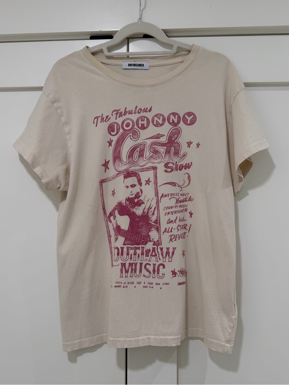Daydreamer Johnny Cash Graphic Tee Cream Pink Outlaw Music Size L